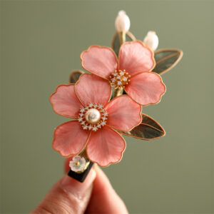 pink silk blossom wooden hair stick