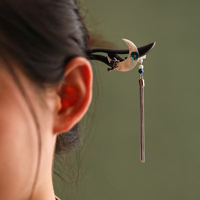 Crescent moon tassel hair stick