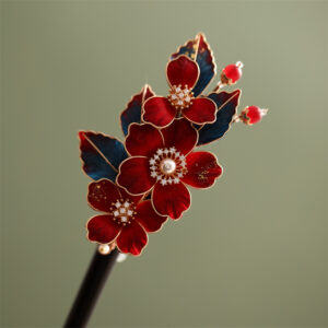 red blossom wooden hair stick