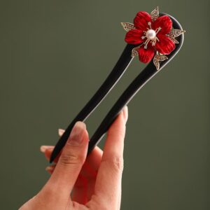 red flower u shaped ebony hair fork