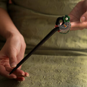 antique green floral ebony hair stick
