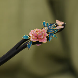 pink peony and blue leaf hair stick