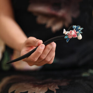 red and blue floral ebony hair stick