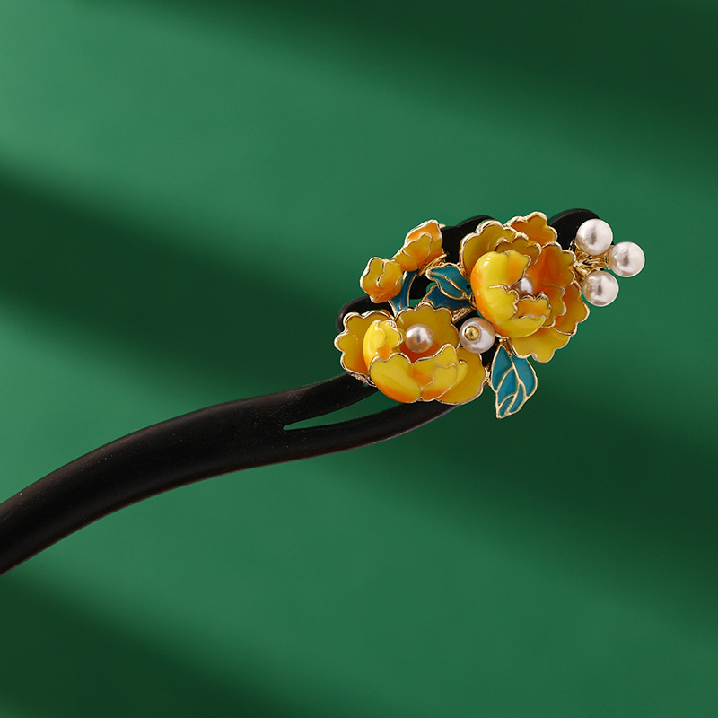 Yellow peony hair stick