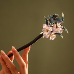 black and pink blossom hair stick